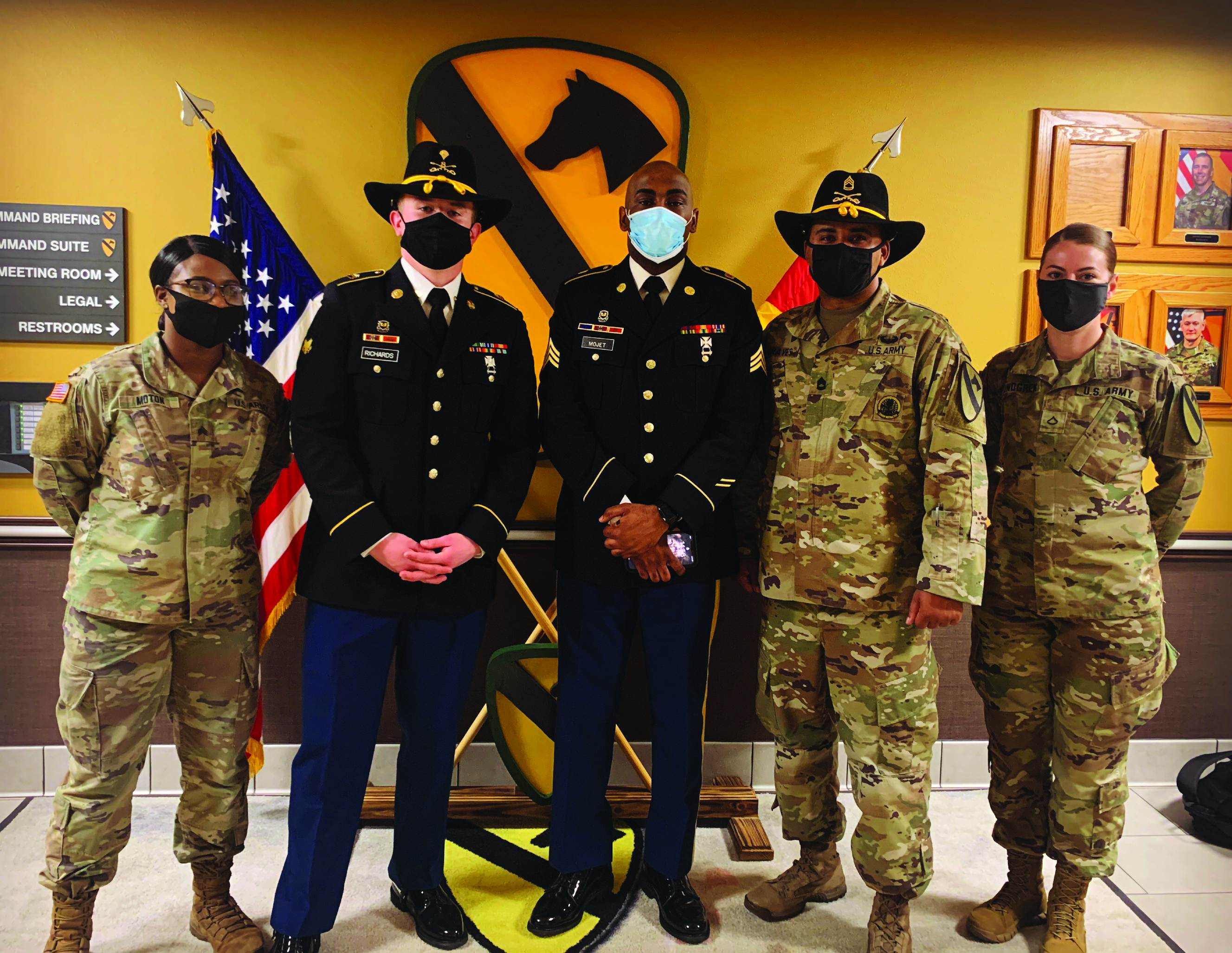 On 9 April 2021, SGT Mojet and SPC Richards continued the 2d Armored Brigade Combat Team, 1st Cavalry Division, tradition of winning, with both leaders winning the 1CD Paralegal NCO/Soldier-of-theQuarter Board. This is the second quarter in a row that 2ABCT has won both the NCO and Soldier category. Pictured from L to R: SGT Moton, SPC Richards, SGT Mojet, SFC Graves, and PFC Lindgren